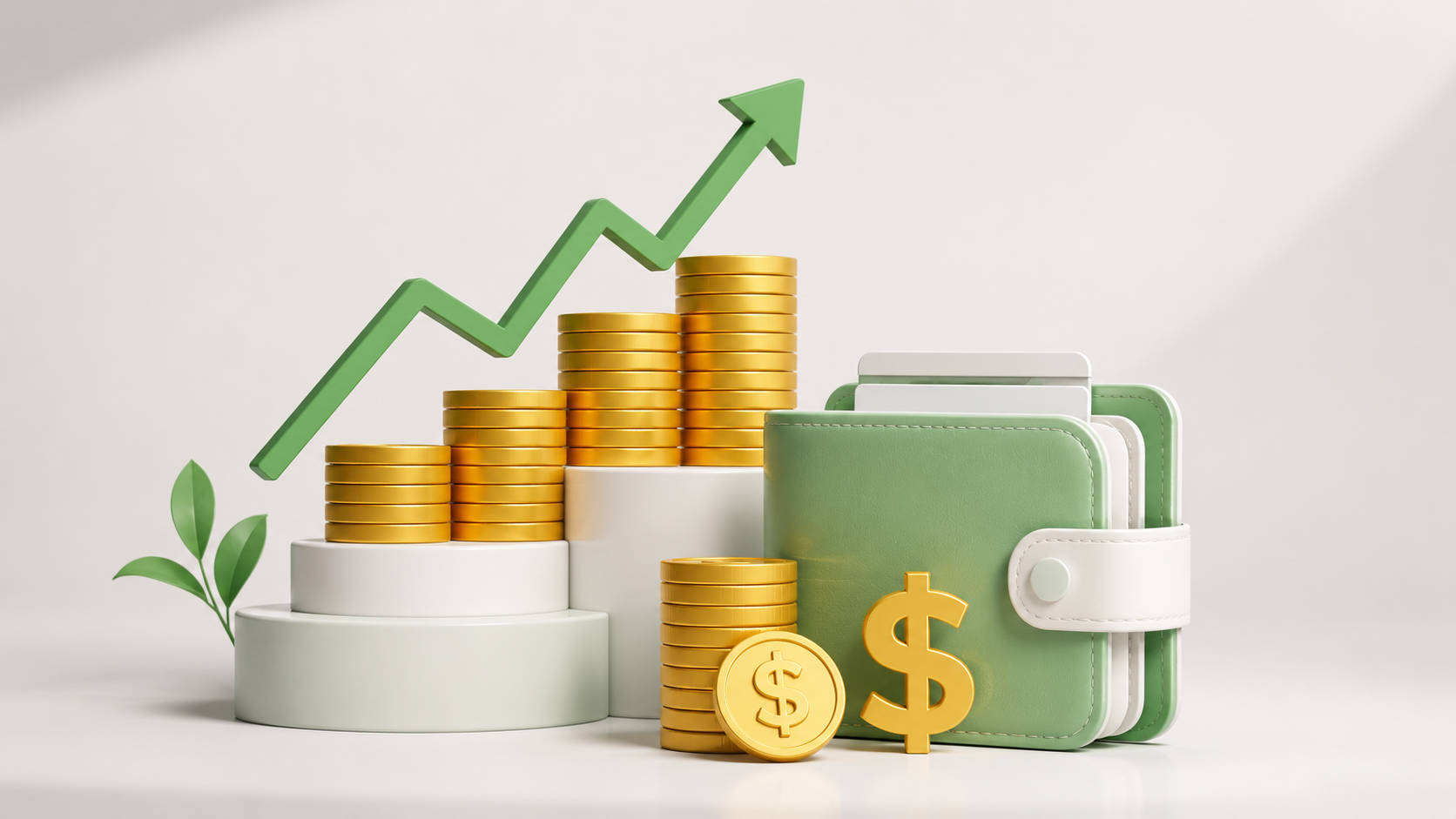 Gold coin stacks, a green wallet, and an upward arrow representing savings growth