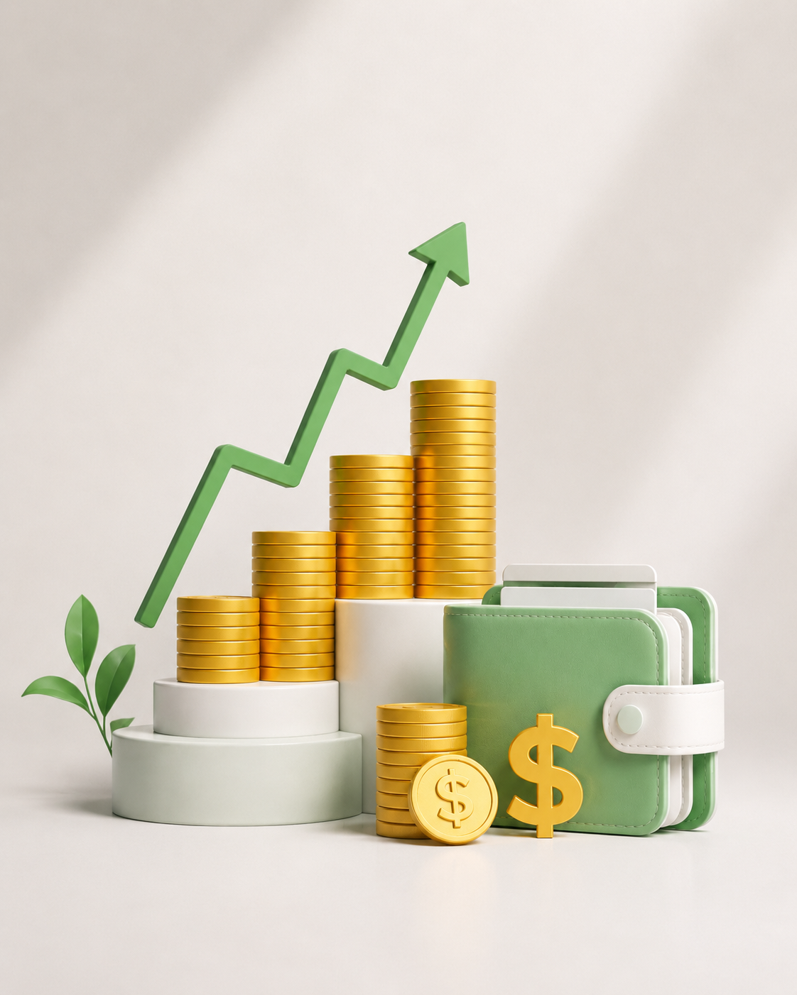Gold coin stacks, a green wallet, and an upward arrow representing savings growth